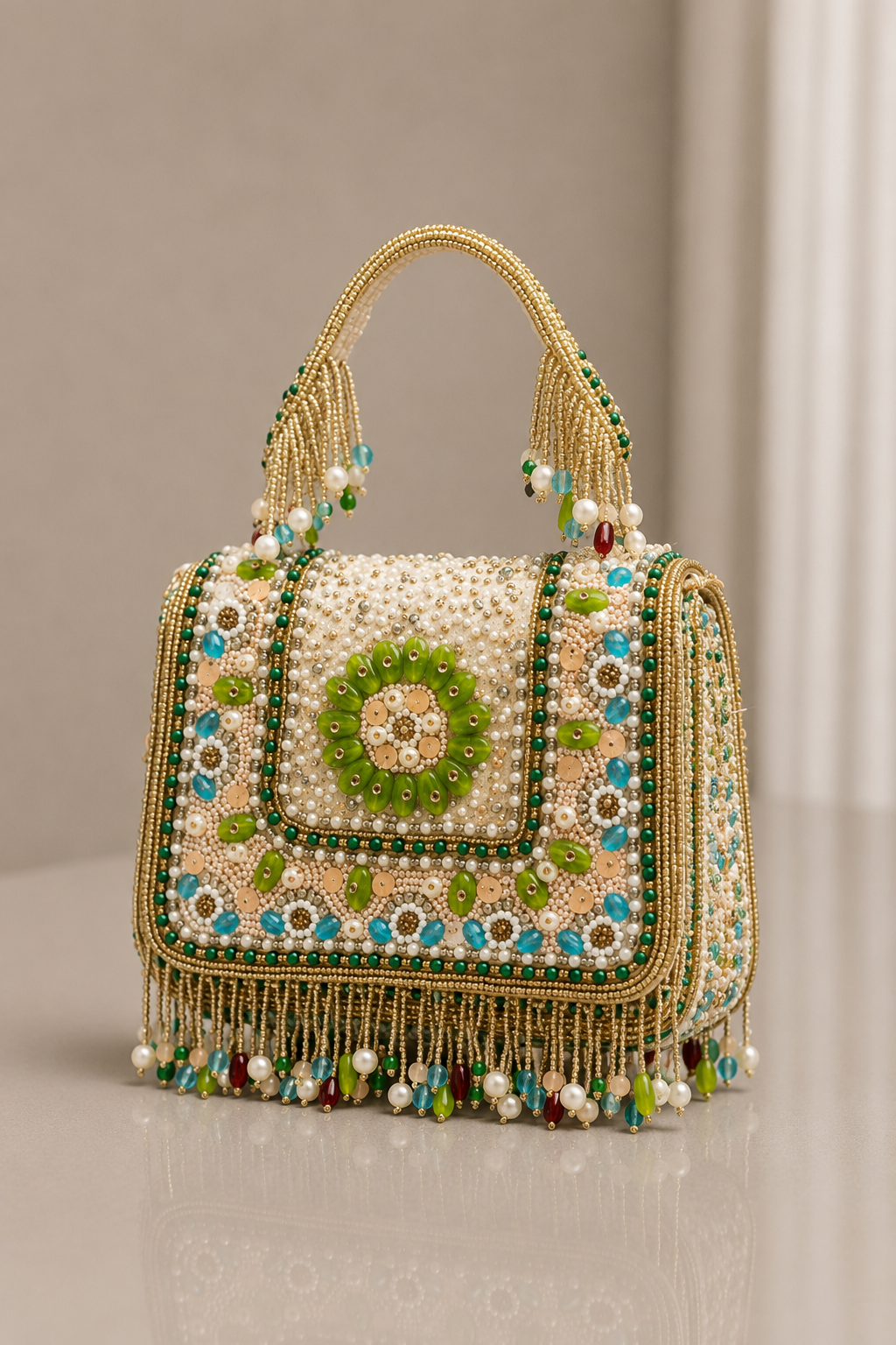 Multicolor Bag with Tassels and Beautiful Handle with Velvet Base