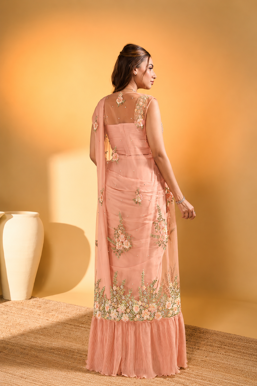 MAYRAKE Peach Ready-to-Wear Crepe Satin Silk Saree with Sequins & Moti Work