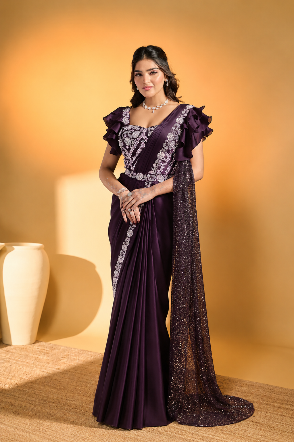 MAYRAKE Purple Mirror Work Satin Silk Ready to Wear Saree with Sequins & Moti Work