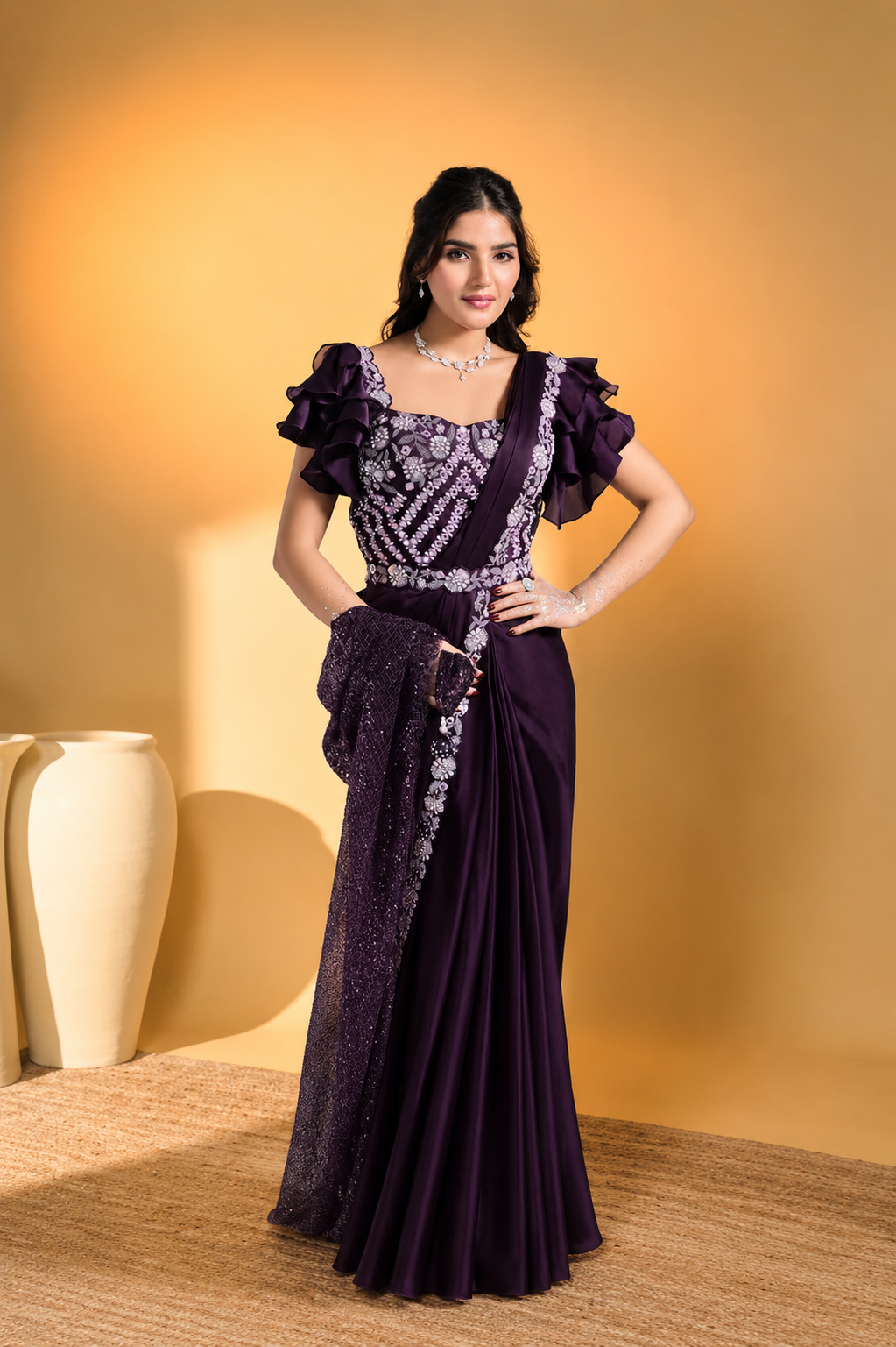 MAYRAKE Purple Mirror Work Satin Silk Ready to Wear Saree with Sequins & Moti Work