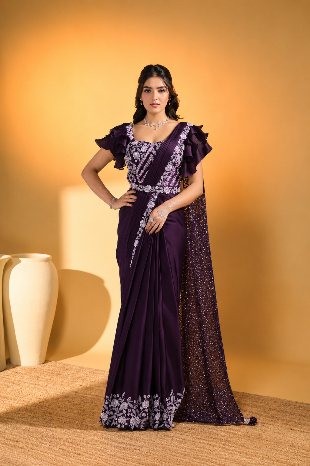 MAYRAKE Purple Mirror Work Satin Silk Ready to Wear Saree with Sequins & Moti Work