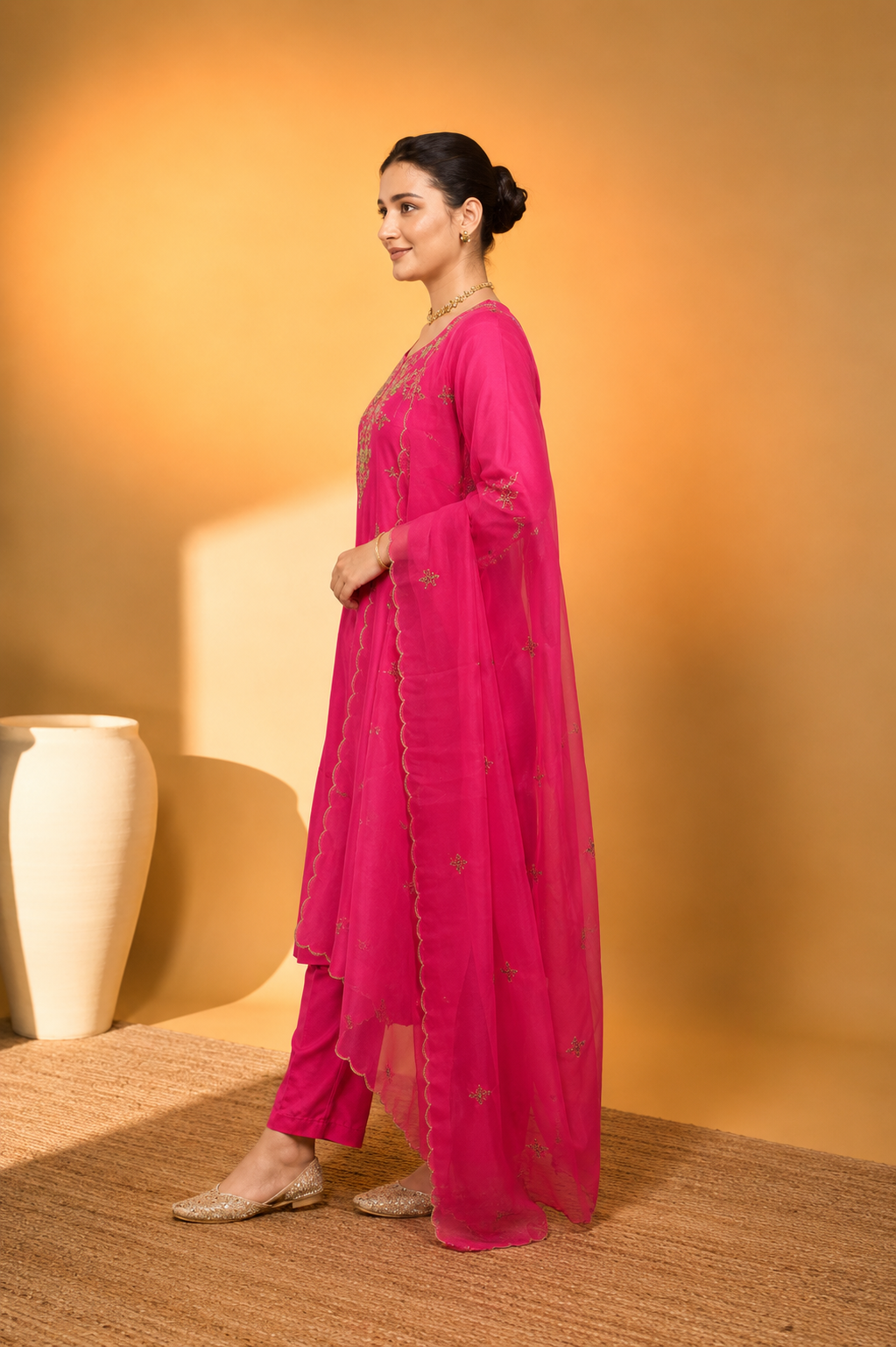 Rani Pink Crepe Silk Straight Kurta with Straight Pant and Hand-Embroidered Sequin Work