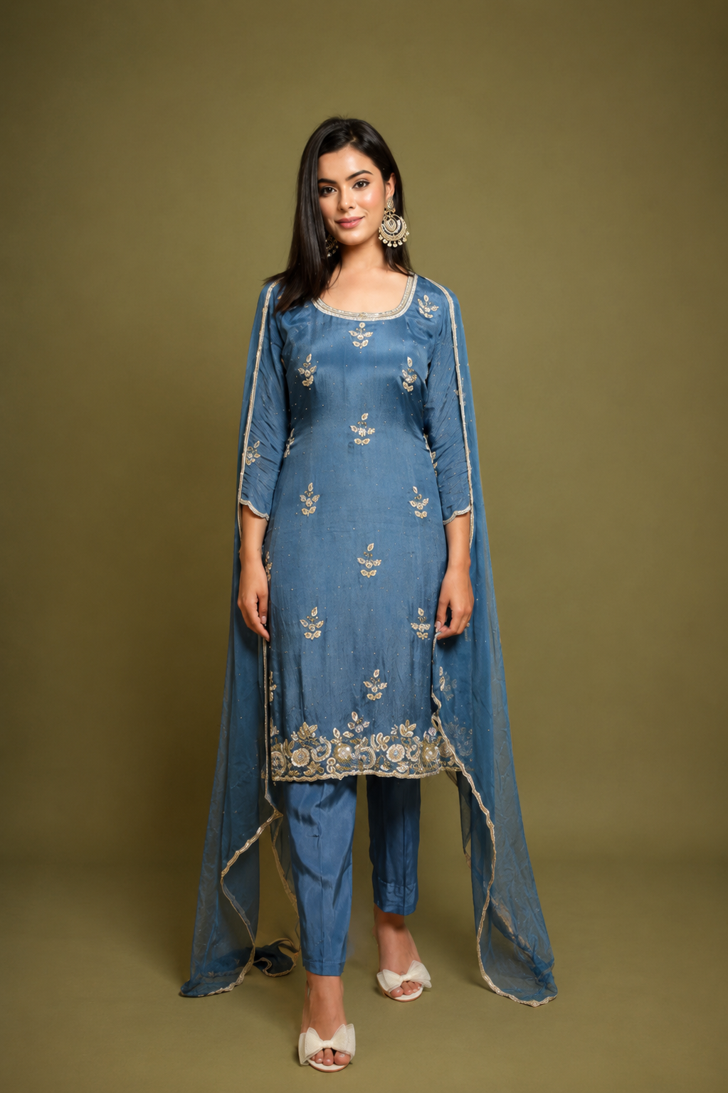 Dark Gray-Blue Chiffon Hand-Embroidered Suit