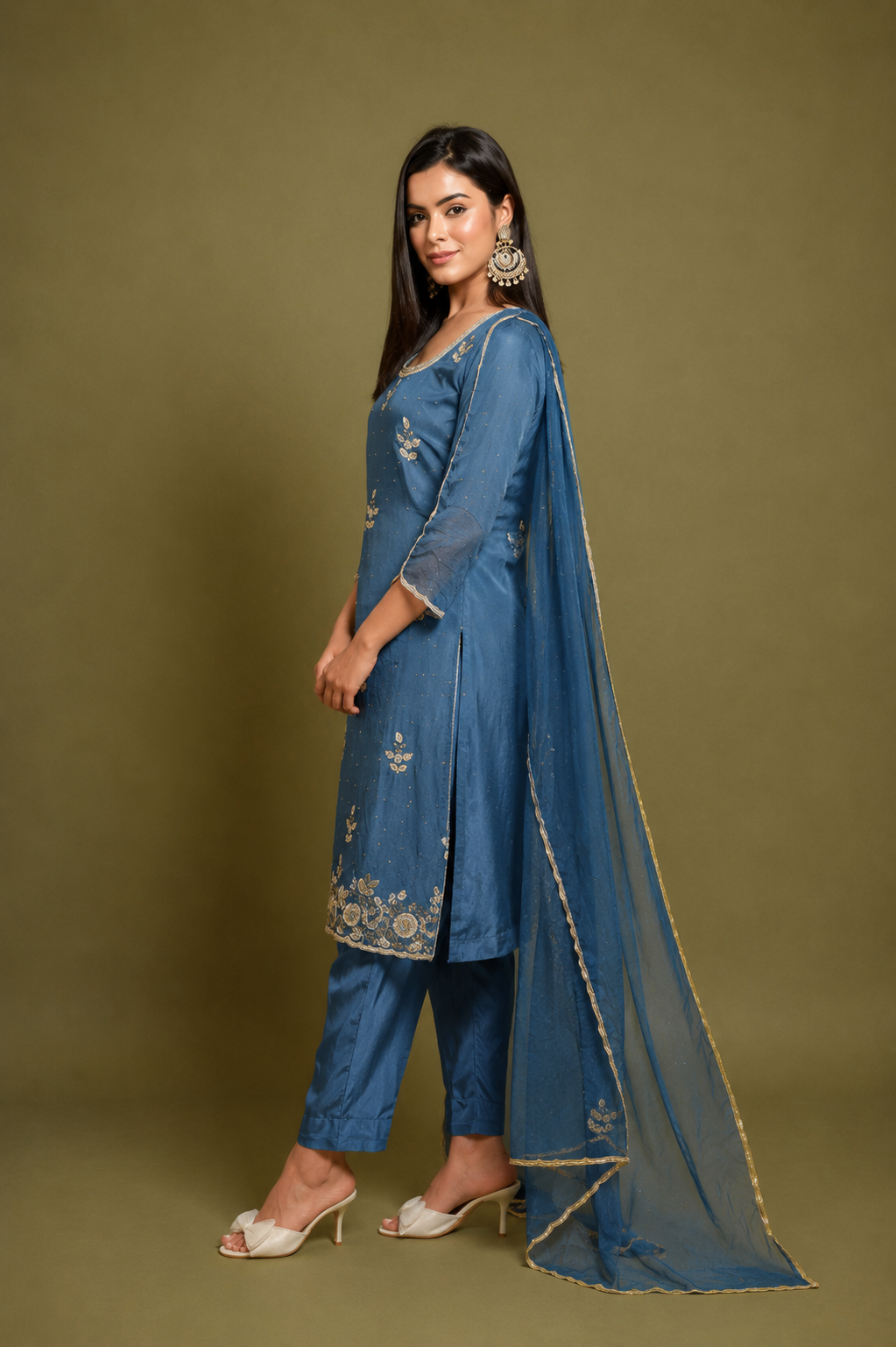 Dark Gray-Blue Chiffon Hand-Embroidered Suit