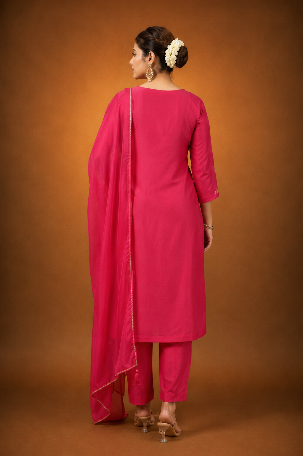 Rani Pink Crepe Silk Straight Kurta with Straight Pant and Hand-Embroidered Floral Work