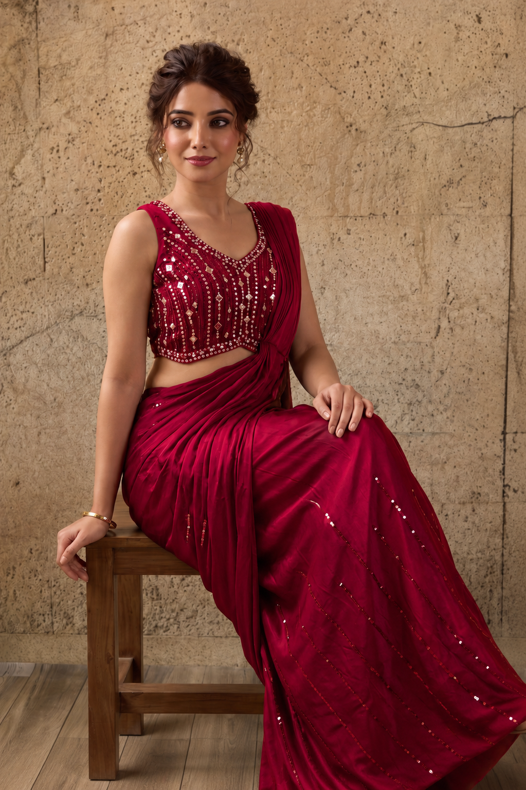 Red Lycra Pre-Draped Saree with Sequin Work and Ready to Wear Blouse