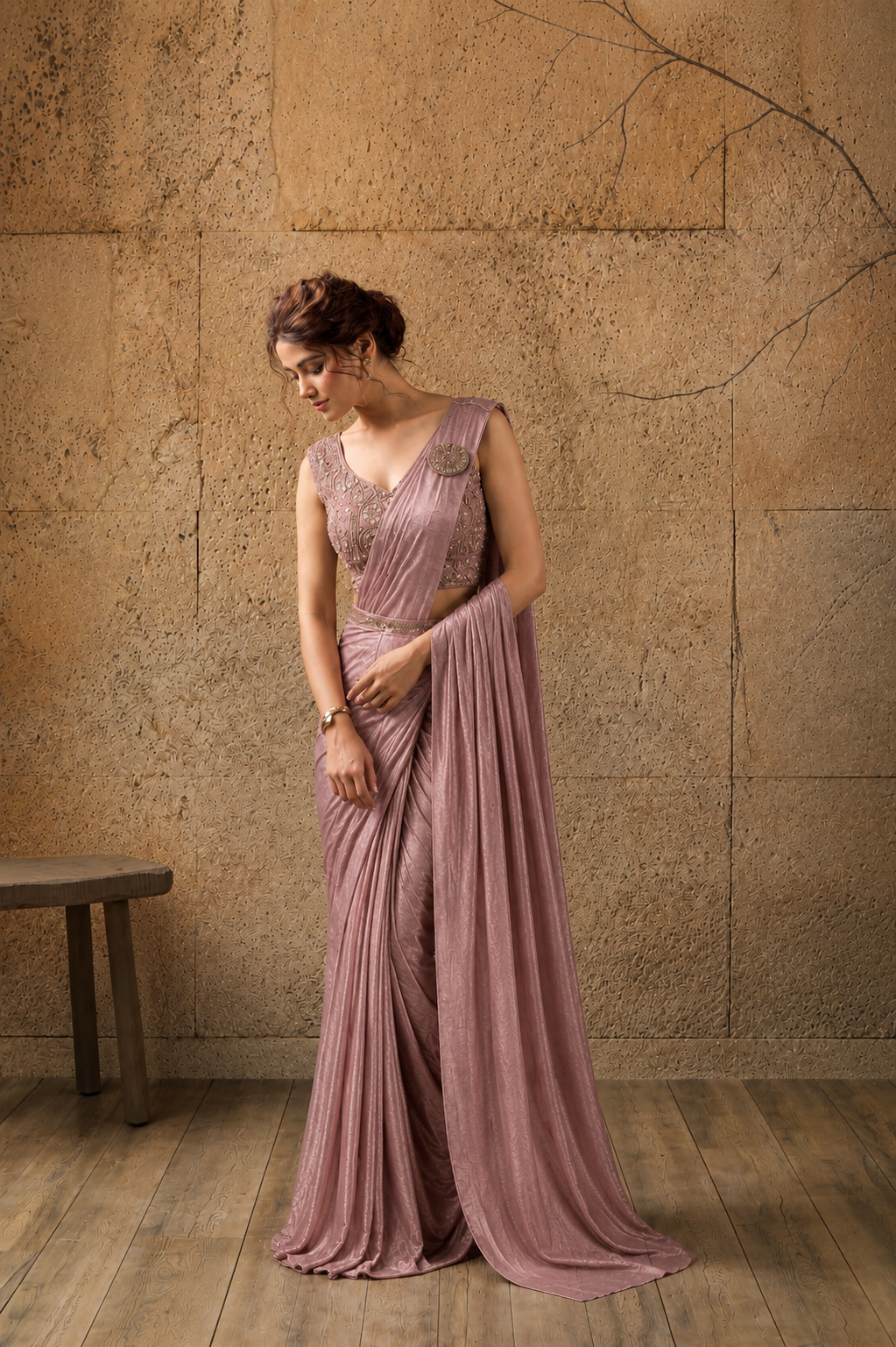 Light Rose Pink Lycra Pre-Draped Saree with Ready to Wear Blouse