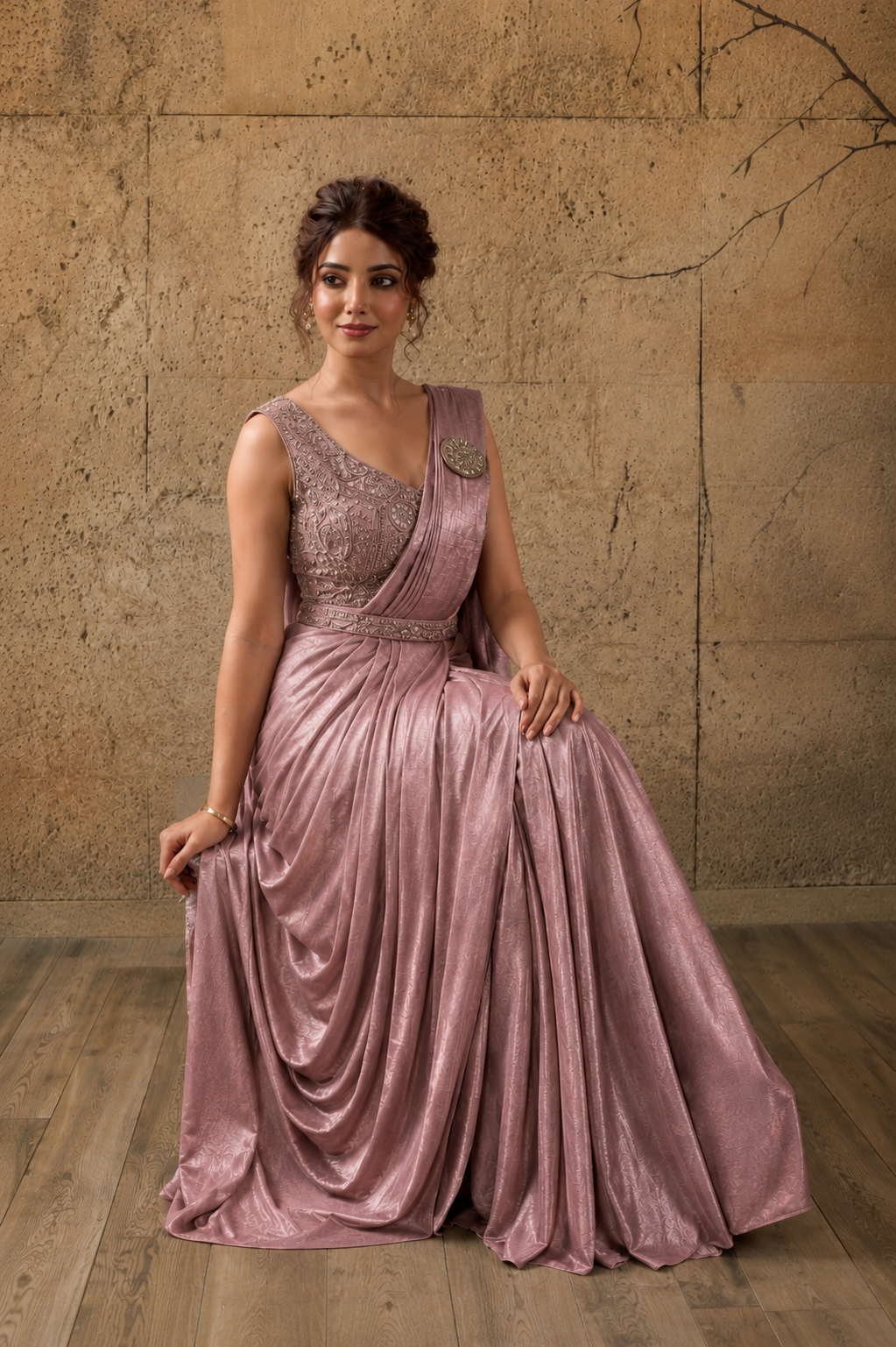 Light Rose Pink Lycra Pre-Draped Saree with Ready to Wear Blouse