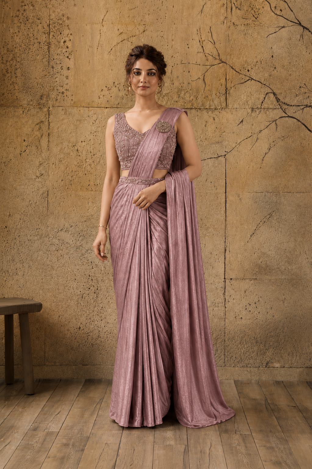 Light Rose Pink Lycra Pre-Draped Saree with Ready to Wear Blouse