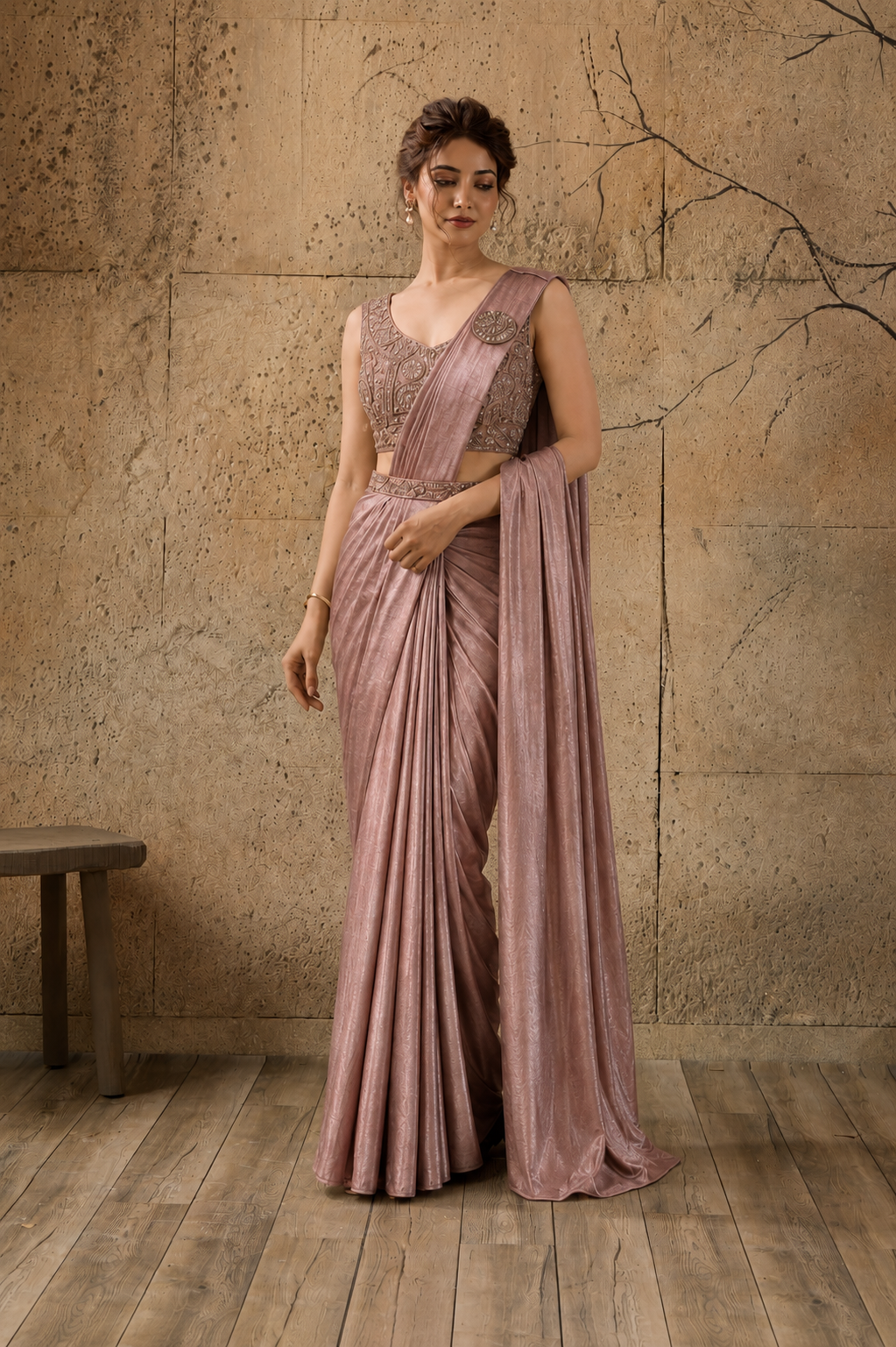 Light Rose Pink Lycra Pre-Draped Saree with Ready to Wear Blouse