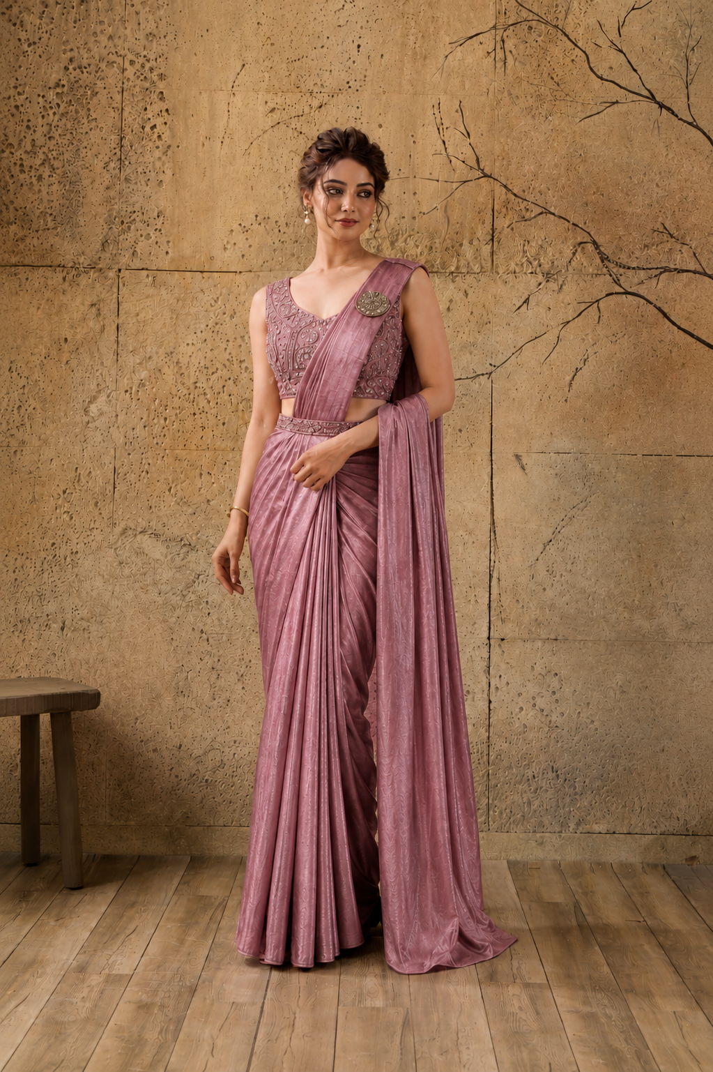 Rose Pink Lycra Pre-Draped Saree with Ready to Wear Blouse