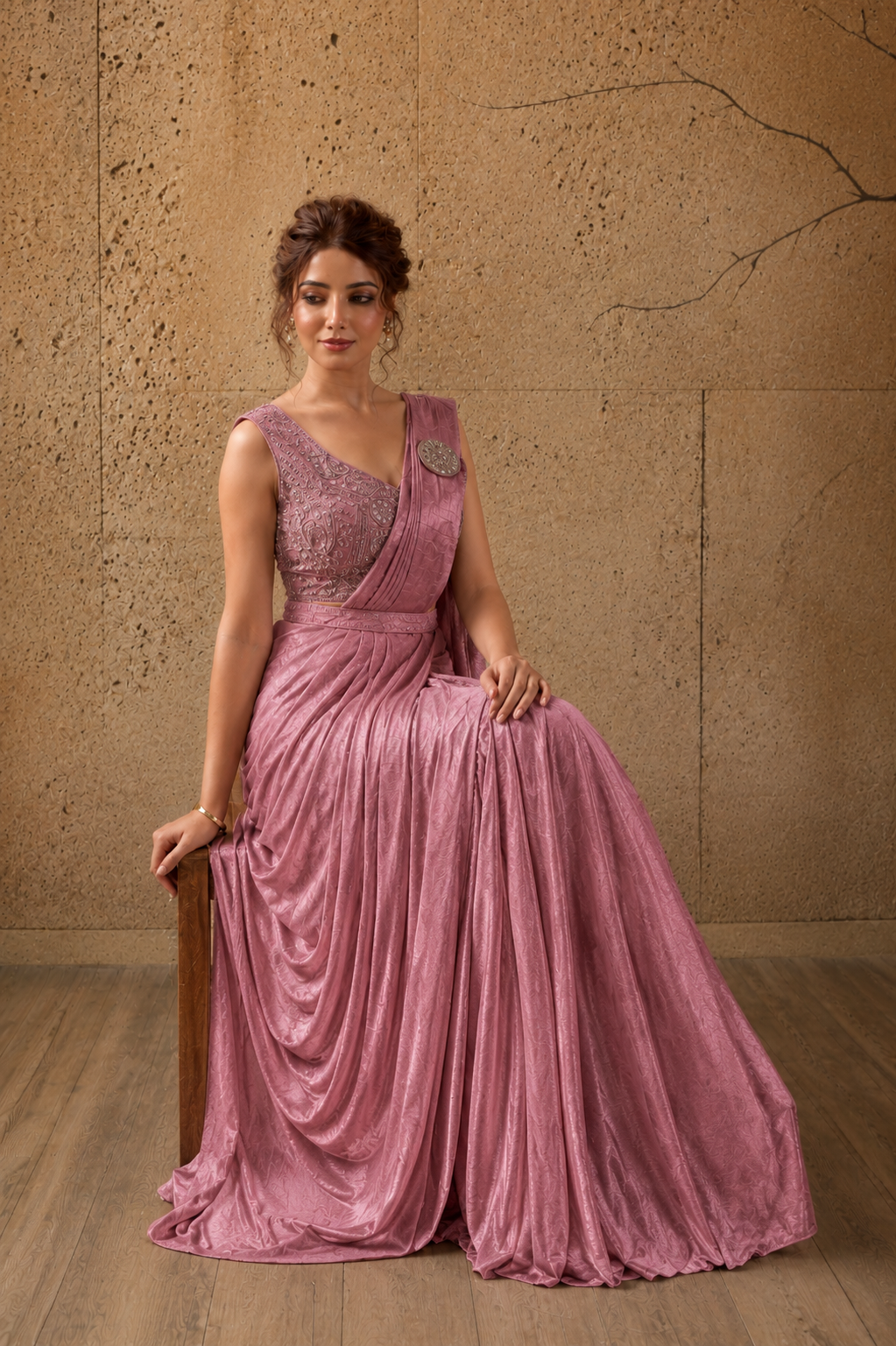 Rose Pink Lycra Pre-Draped Saree with Ready to Wear Blouse