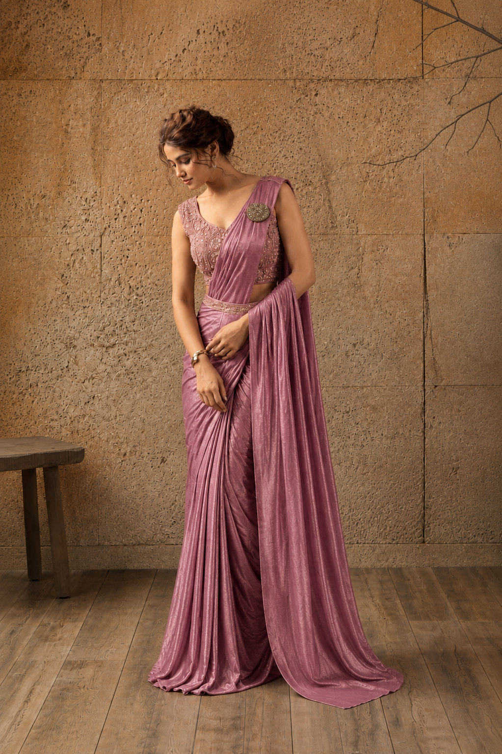 Rose Pink Lycra Pre-Draped Saree with Ready to Wear Blouse