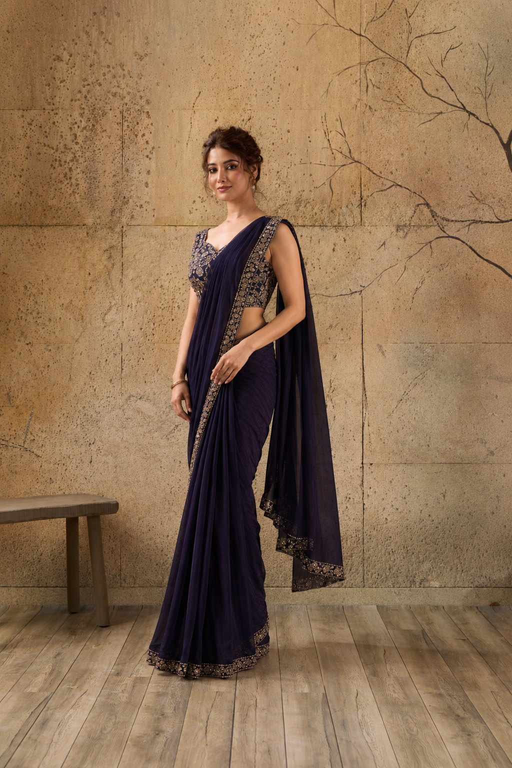 Black Georgette Pre-Draped Saree with Embroidered Border With Ready To Wear Blouse