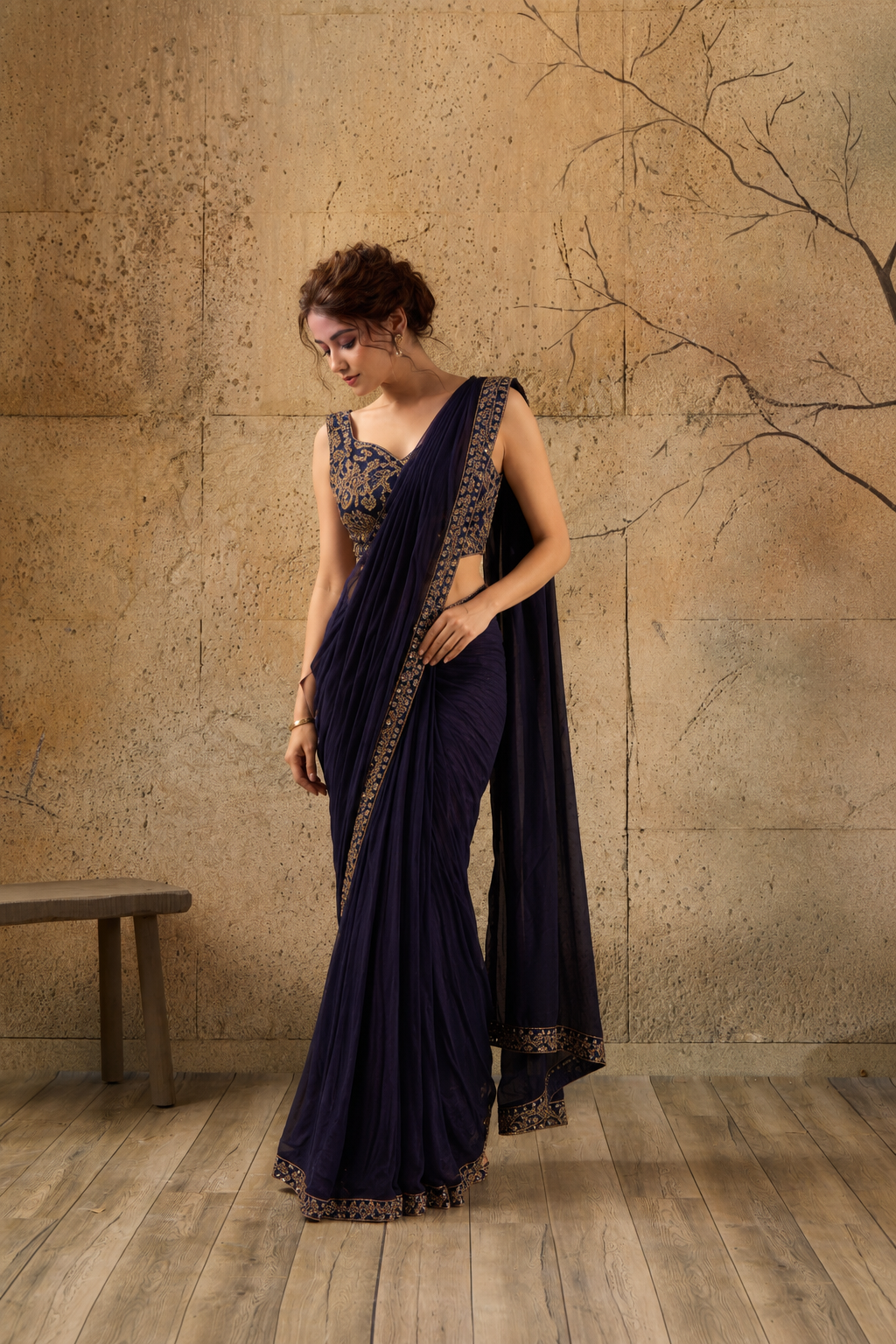 Black Georgette Pre-Draped Saree with Embroidered Border With Ready To Wear Blouse