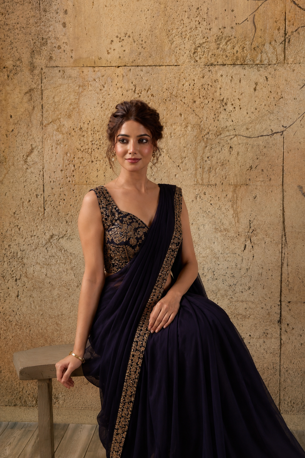 Black Georgette Pre-Draped Saree with Embroidered Border With Ready To Wear Blouse