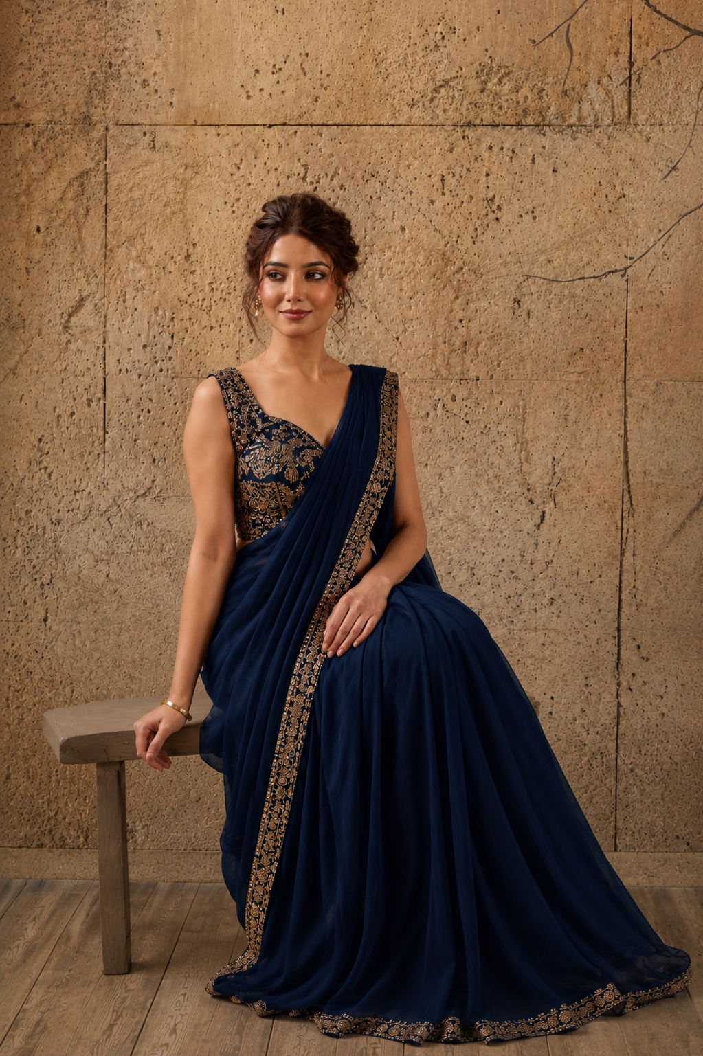 Navy Blue Georgette Pre-Draped Saree with Embroidered Border With Ready To Wear Blouse