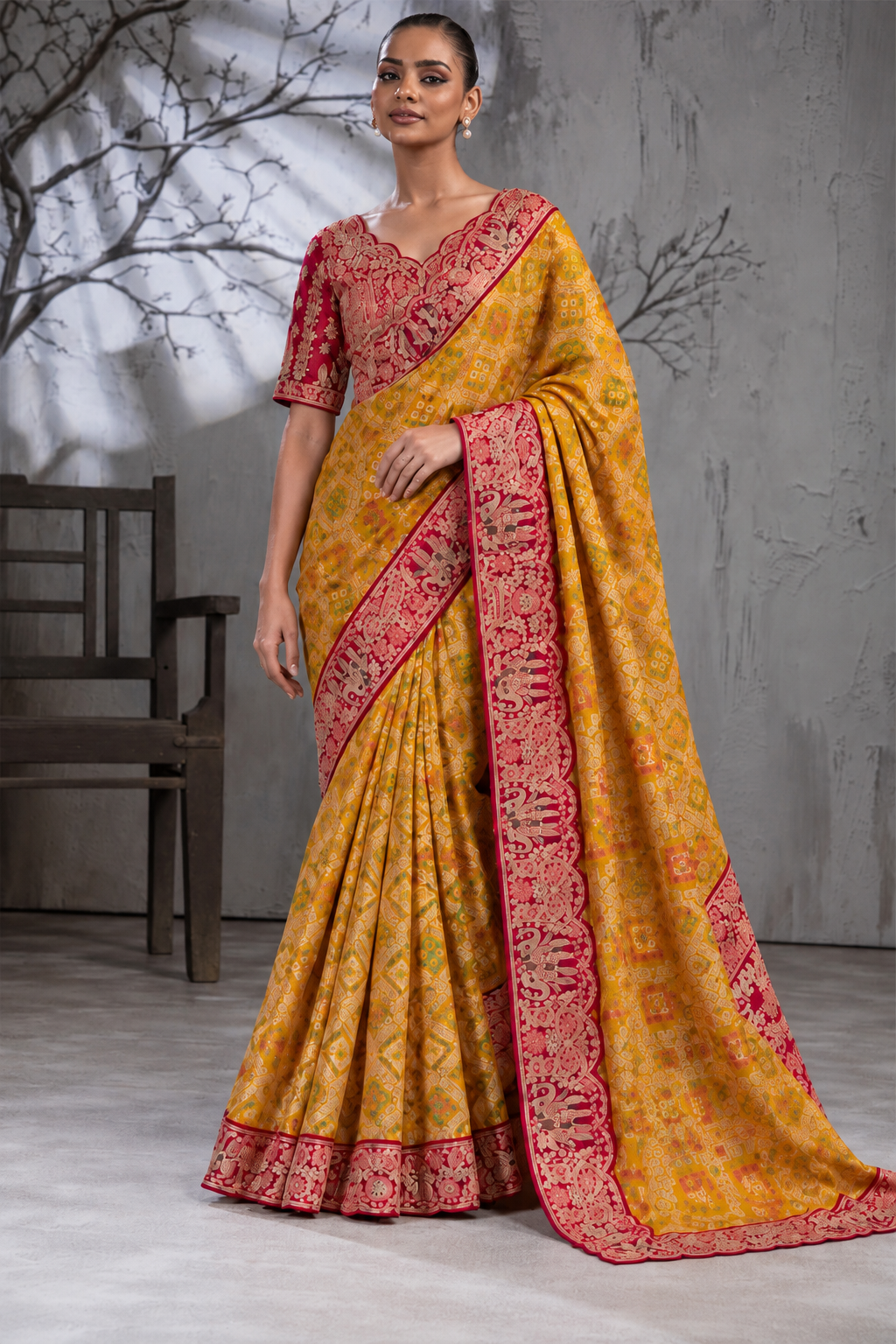 Yellow Silk Saree with Bandhani Print | Two Blouse Concept