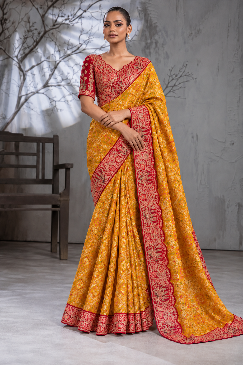 Yellow Silk Saree with Bandhani Print | Two Blouse Concept