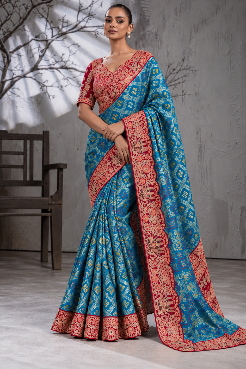 Blue Silk Saree with Bandhani Print | Two Blouse Concept