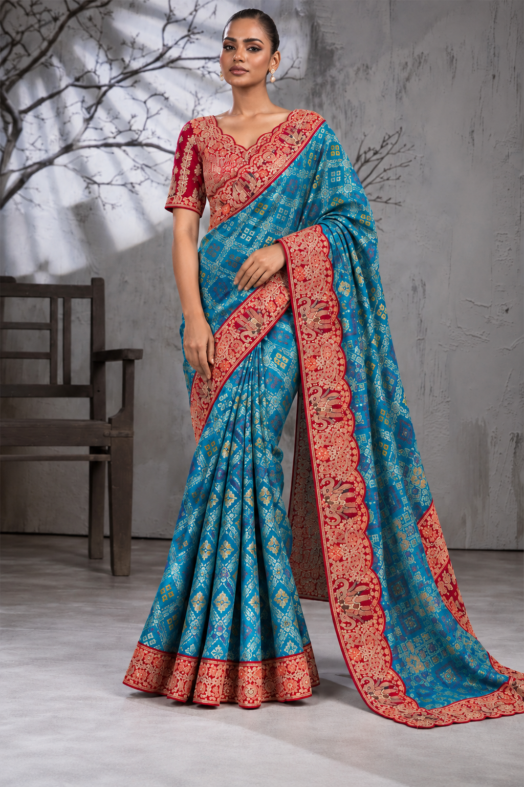 Blue Silk Saree with Bandhani Print | Two Blouse Concept