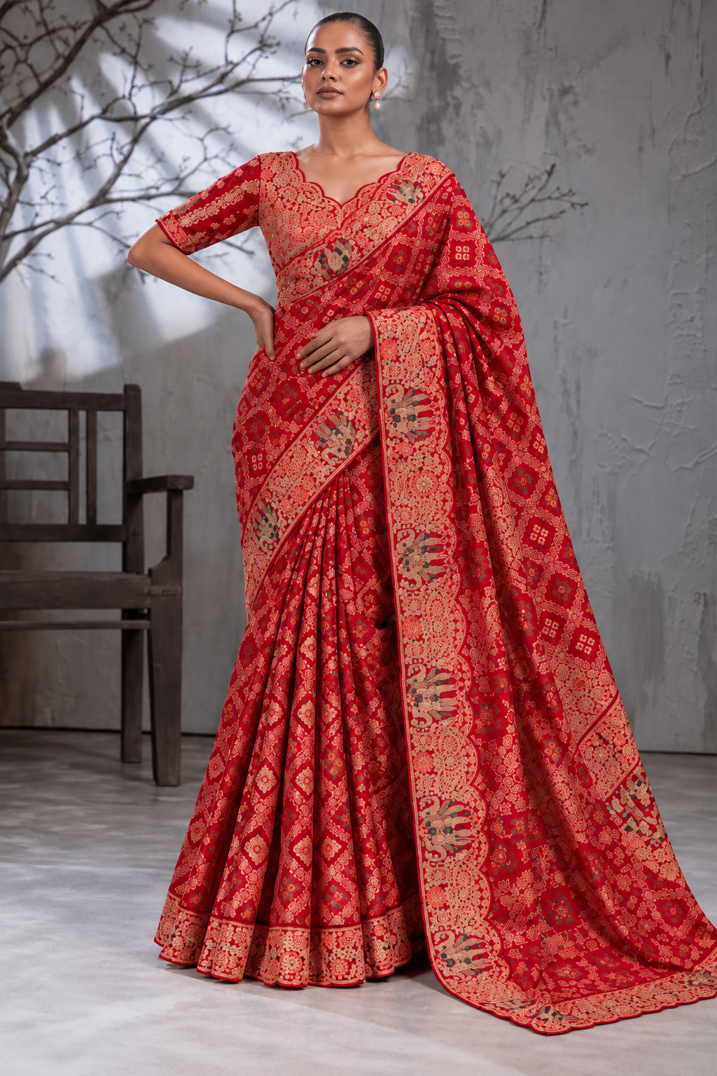 Red Silk Saree with Bandhani Print | Two Blouse Concept