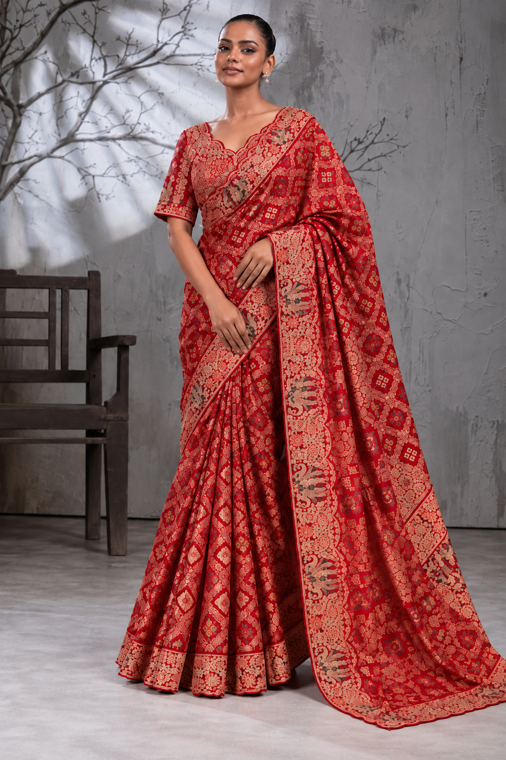 Red Silk Saree with Bandhani Print | Two Blouse Concept
