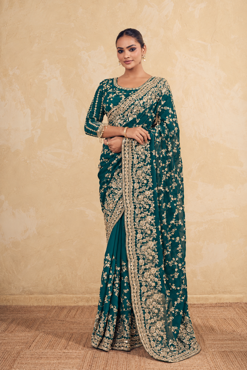 Teal Green Organza Saree with Embroidery work
