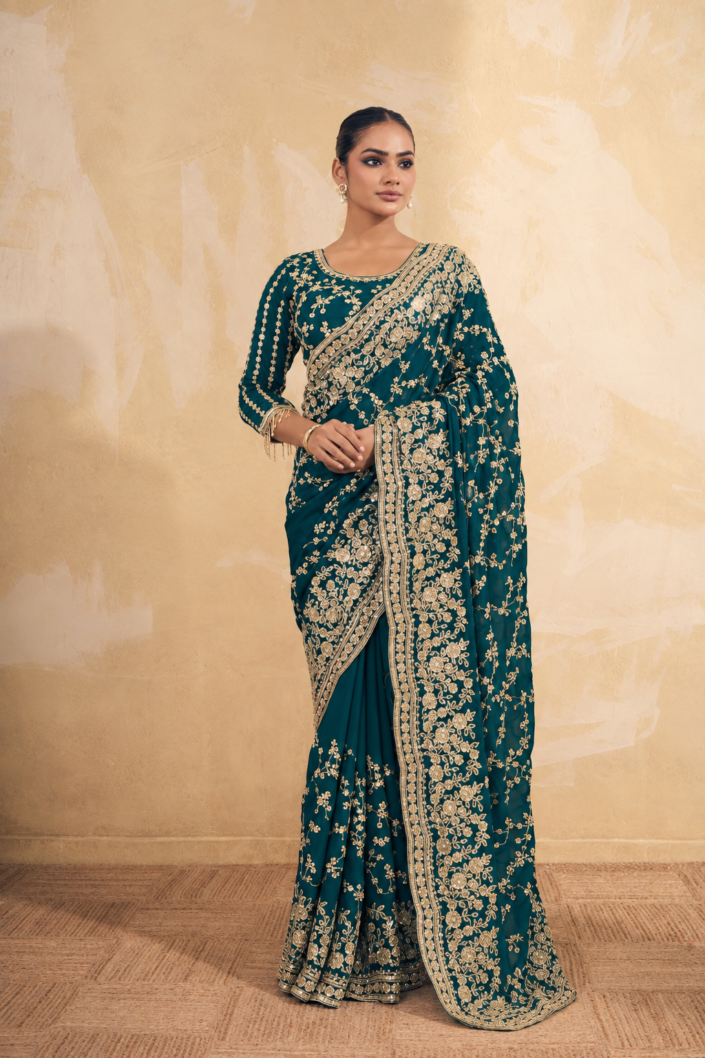 Teal Green Organza Saree with Embroidery work