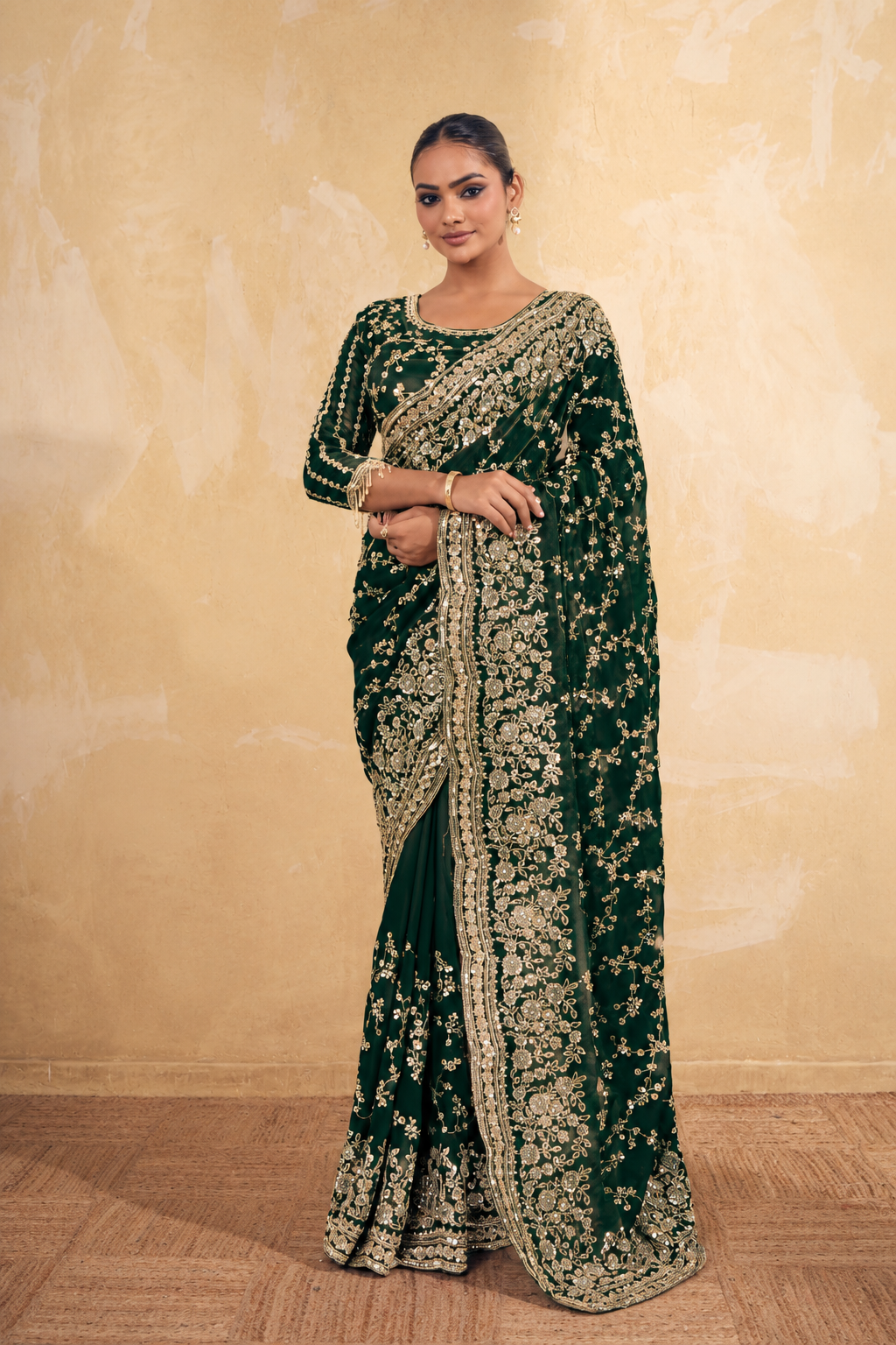 Bottle Green Organza Saree with Embroidery work