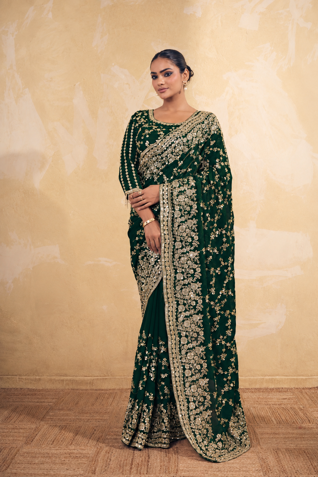 Bottle Green Organza Saree with Embroidery work
