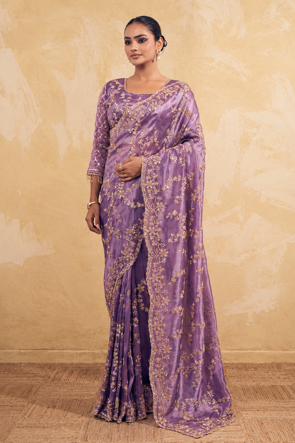 Lavender Purple Organza Saree with Embroidered work