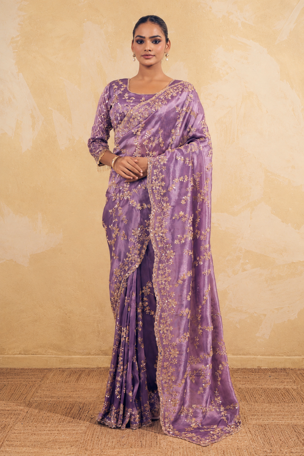 Lavender Purple Organza Saree with Embroidered work