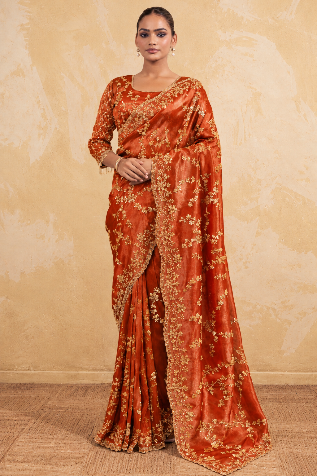 Rusty Orange Organza Saree with Embroidery work