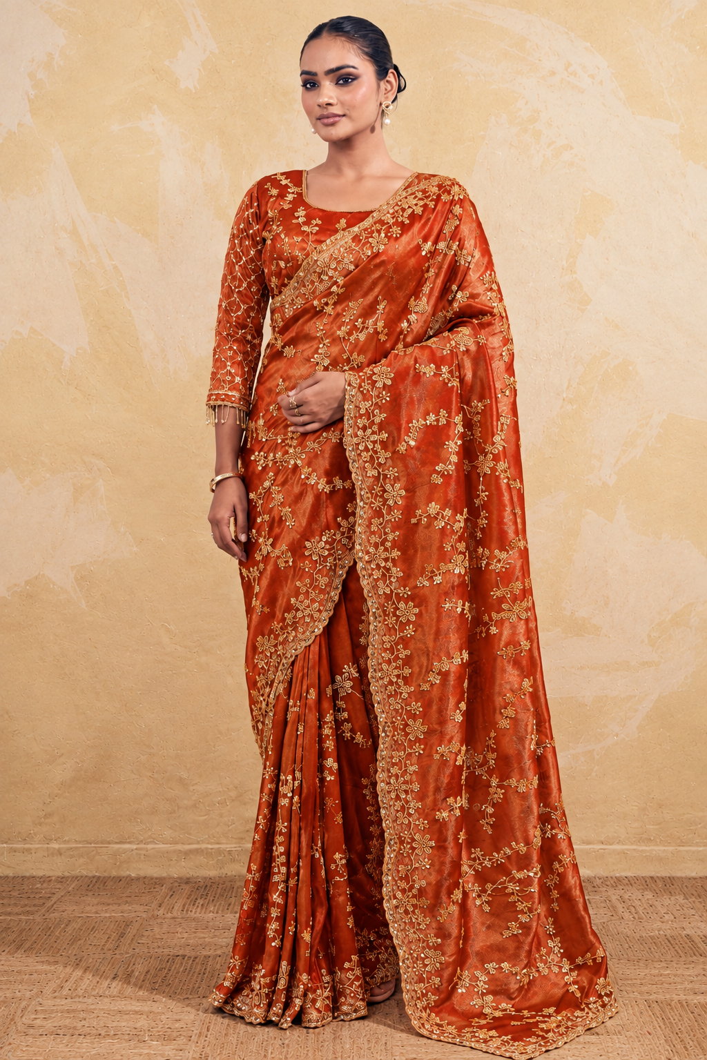 Rusty Orange Organza Saree with Embroidery work