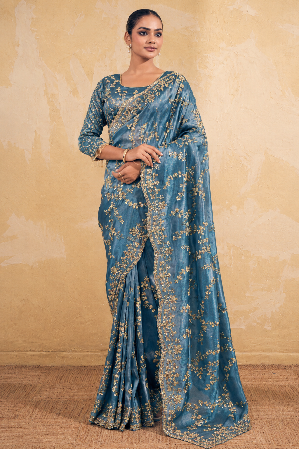 Aqua Blue Organza Saree with Embroidery work