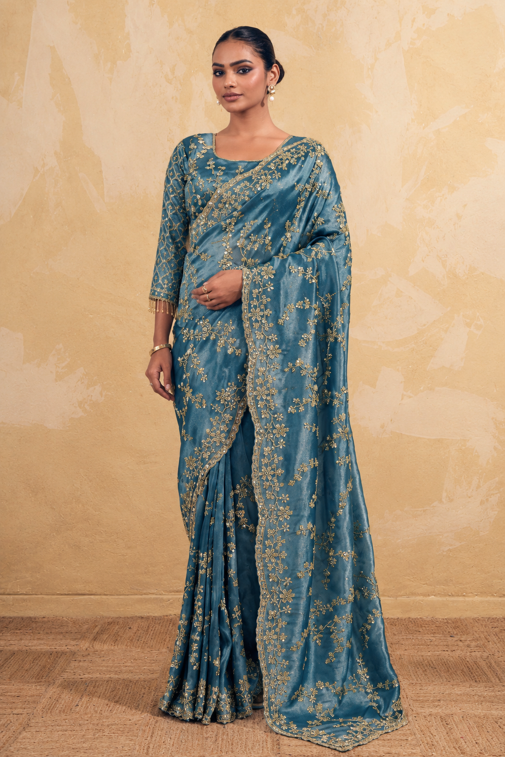 Aqua Blue Organza Saree with Embroidery work