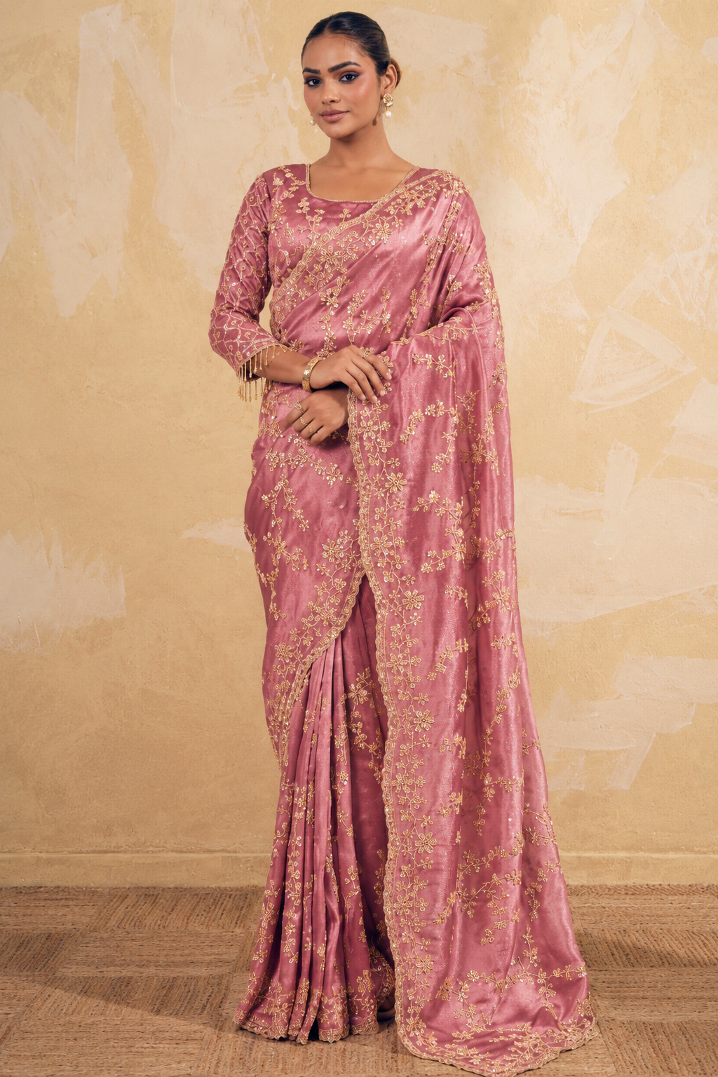 Rose Pink Organza Saree with Embroidery work