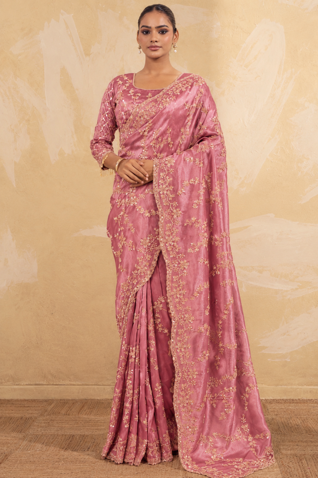 Rose Pink Organza Saree with Embroidery work