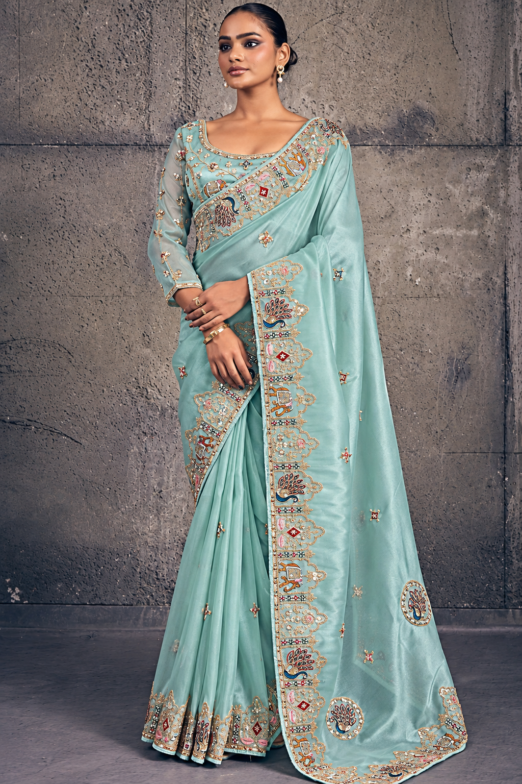 Light Teal Green Organza Saree with Peacock Embroidery