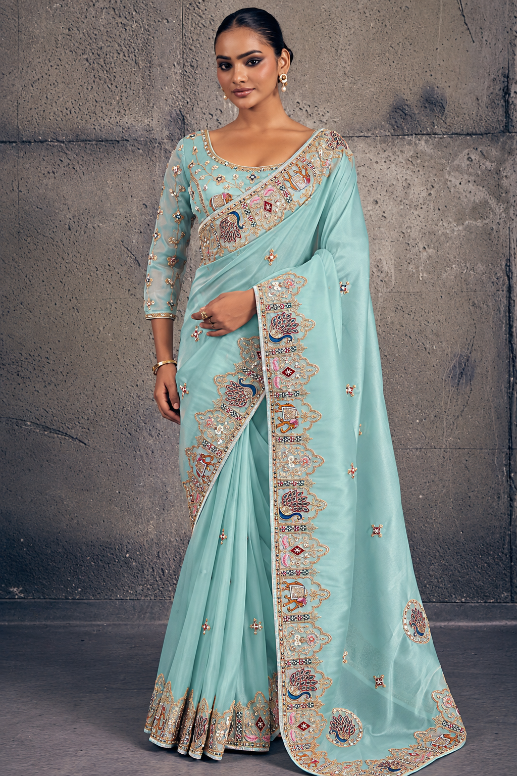 Light Teal Green Organza Saree with Peacock Embroidery
