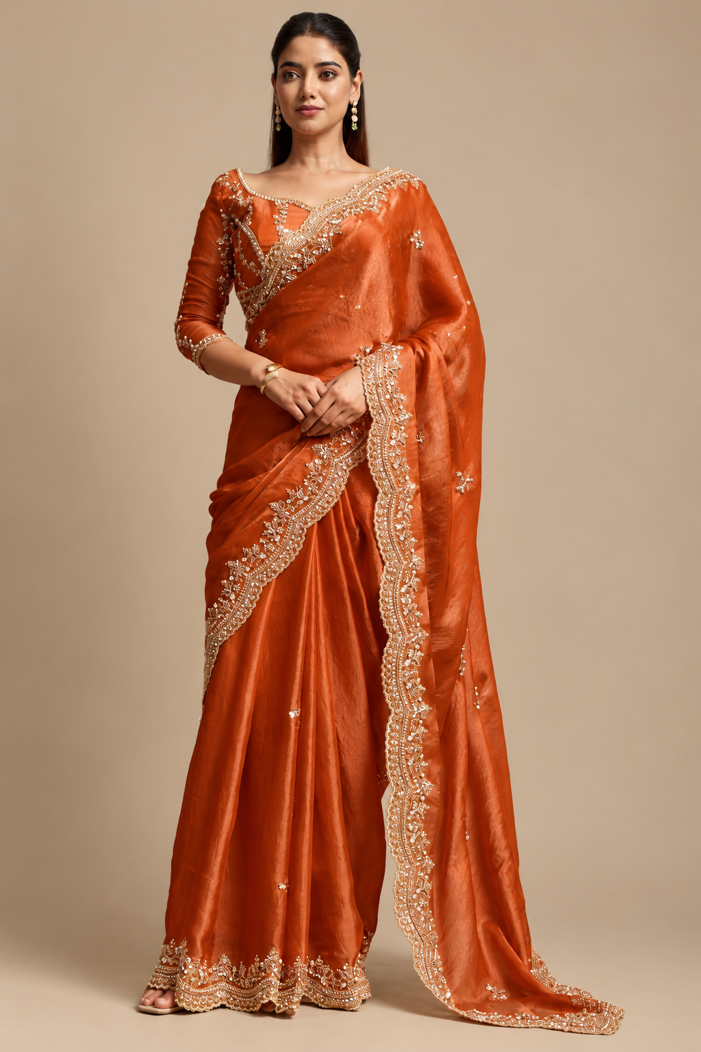 Rusty Orange Organza Saree with Embroidery work