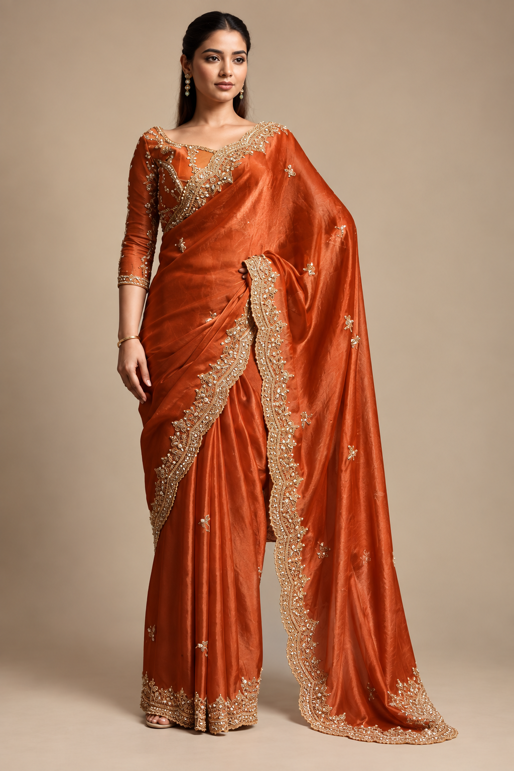 Rusty Orange Organza Saree with Embroidery work