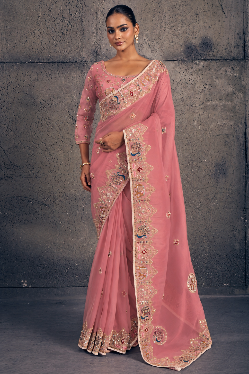 Rose Pink Organza Saree with Peacock Embroidery