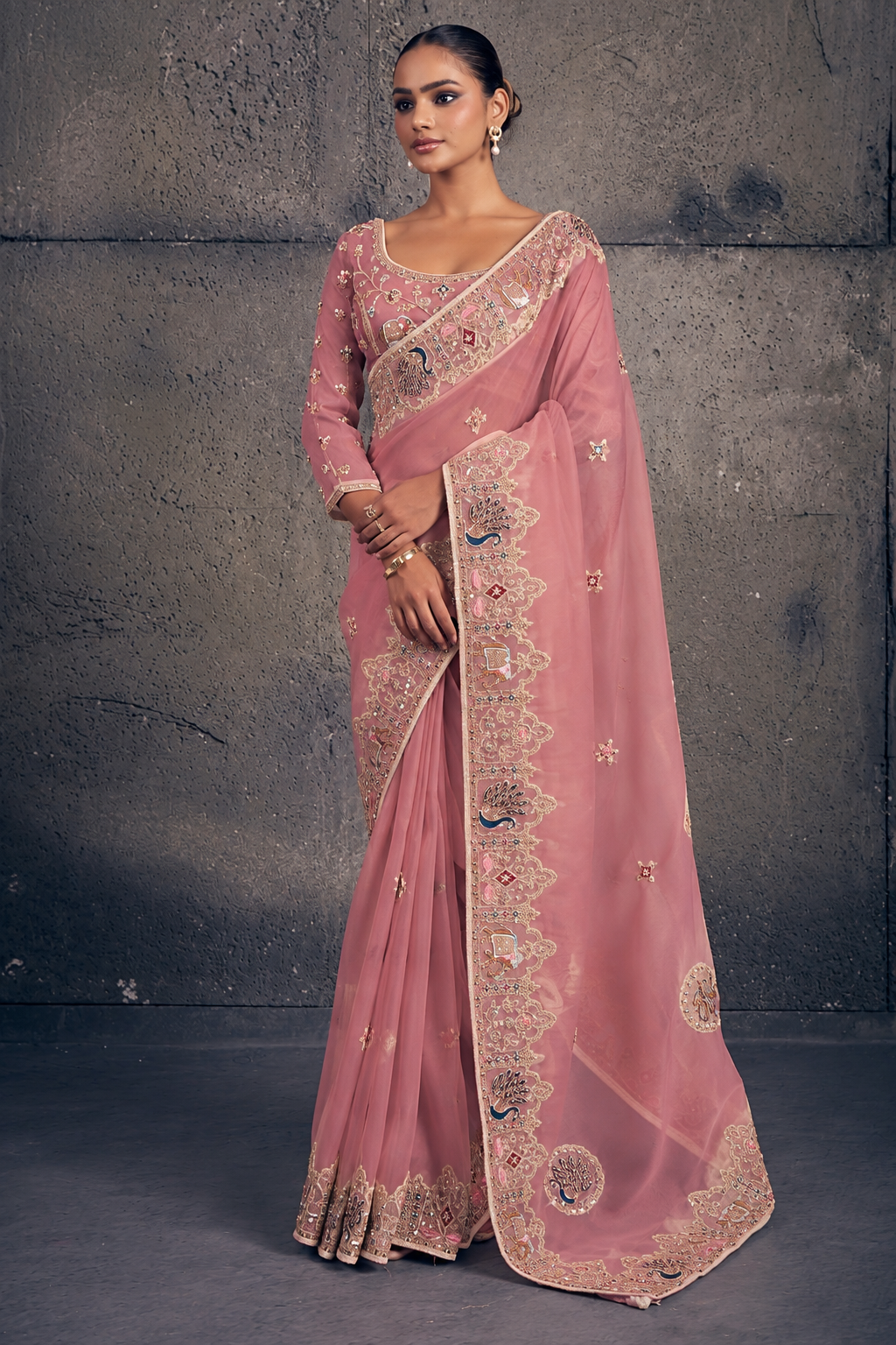 Rose Pink Organza Saree with Peacock Embroidery