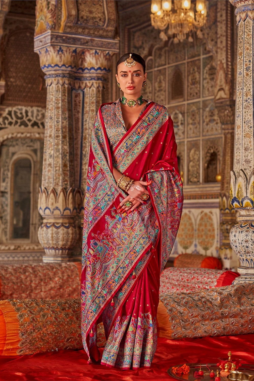 Cherry Red Raw Silk Saree with Heritage Prints - Mayrake.in