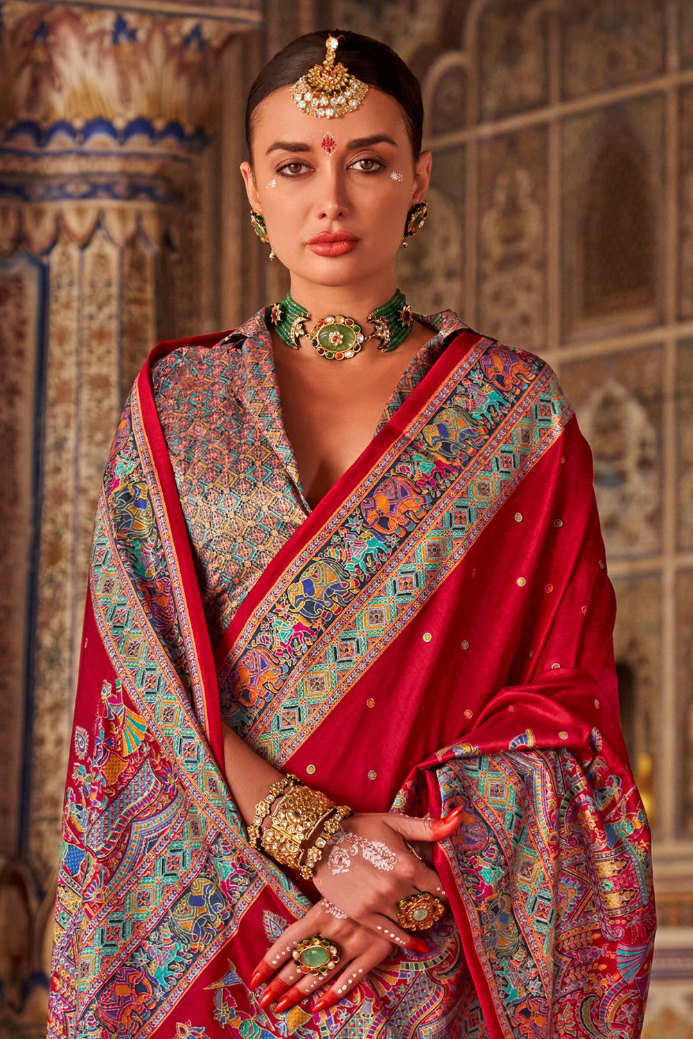 Cherry Red Raw Silk Saree with Heritage Prints - Mayrake.in