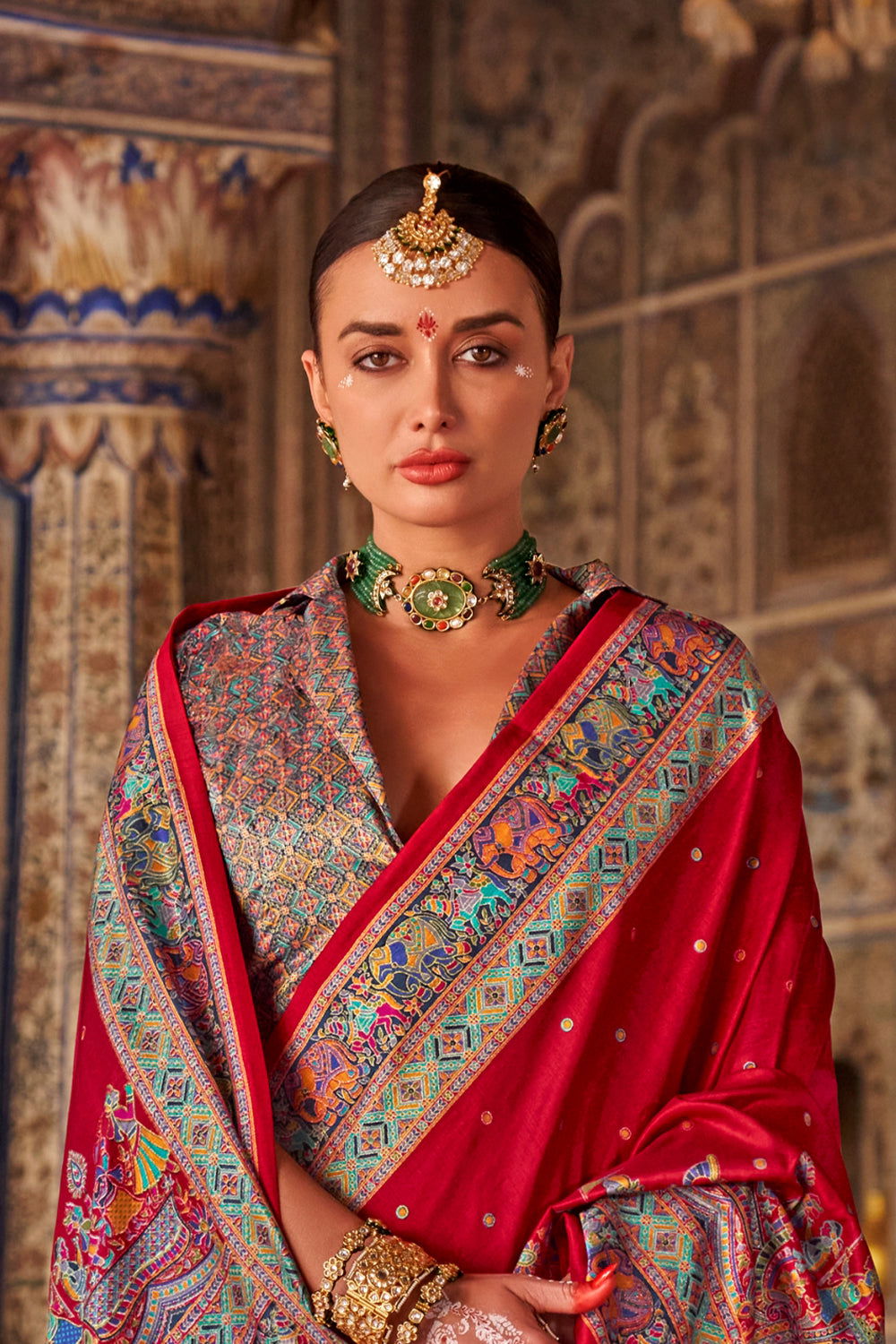 Cherry Red Raw Silk Saree with Heritage Prints - Mayrake.in
