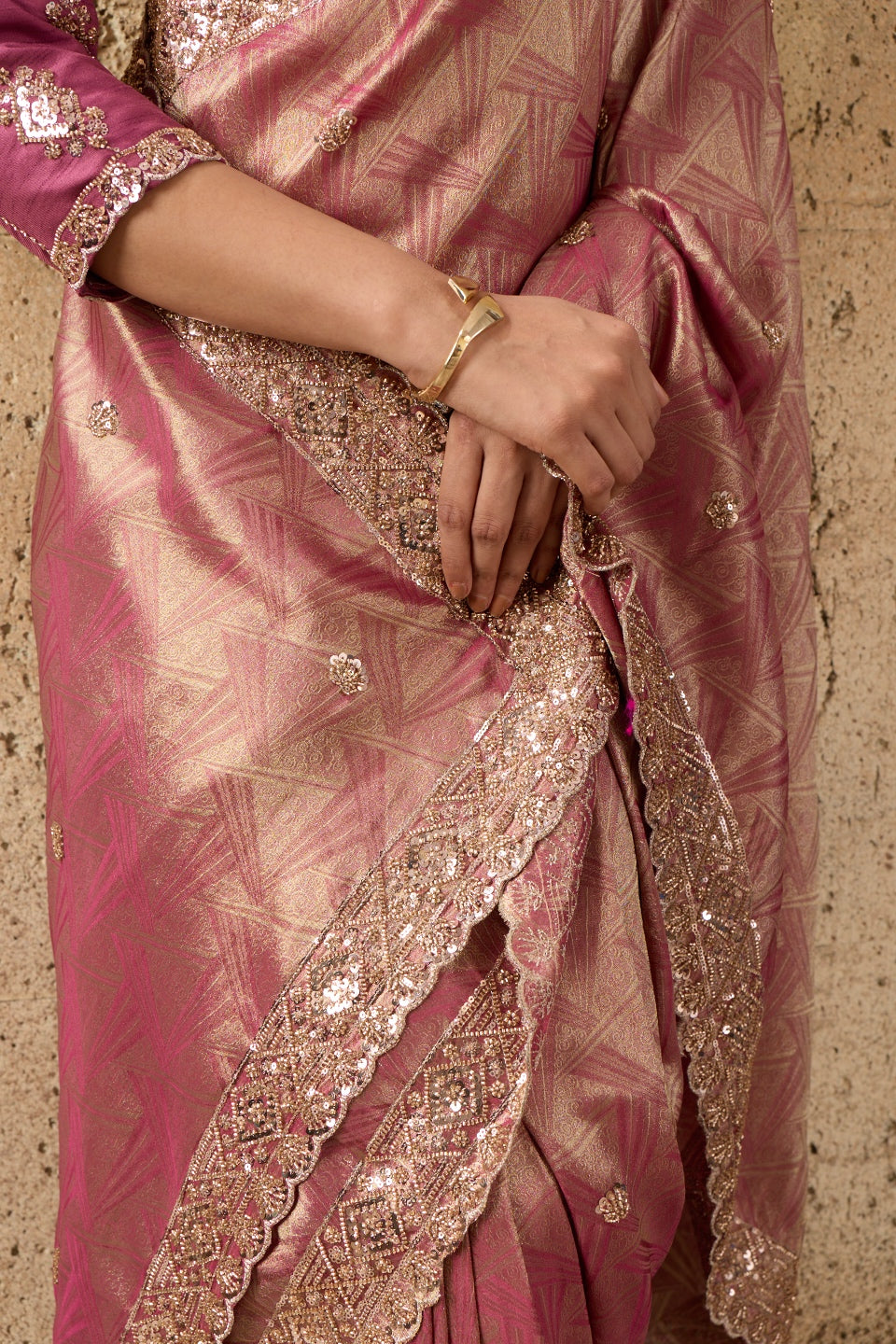 Rose Pink Organza Silk Saree with Zari Hand Embroidery with Stitched Blouse