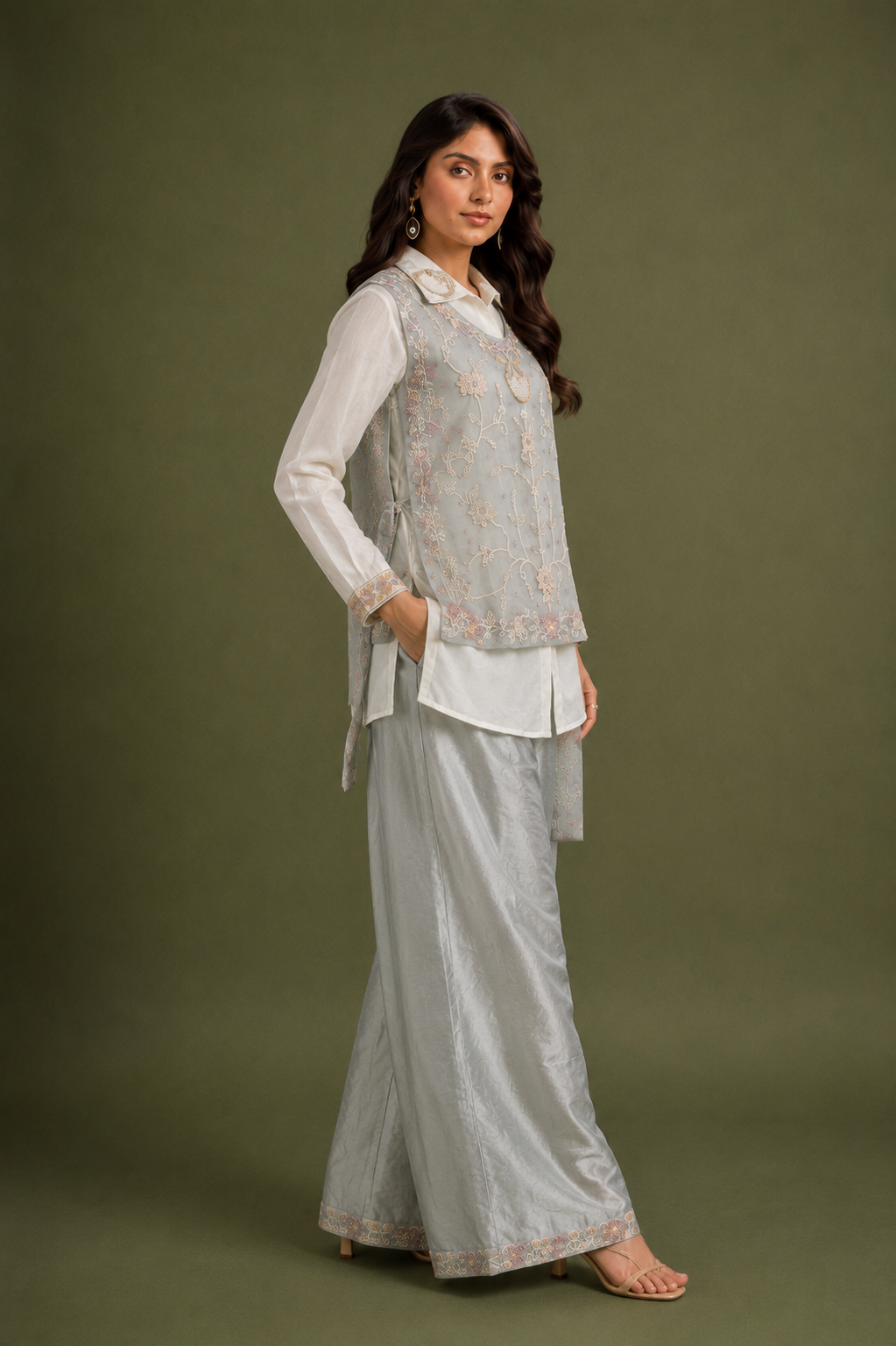 Ice Blue Chinon Silk 3 Piece Cord Set with Embroidered Jacket